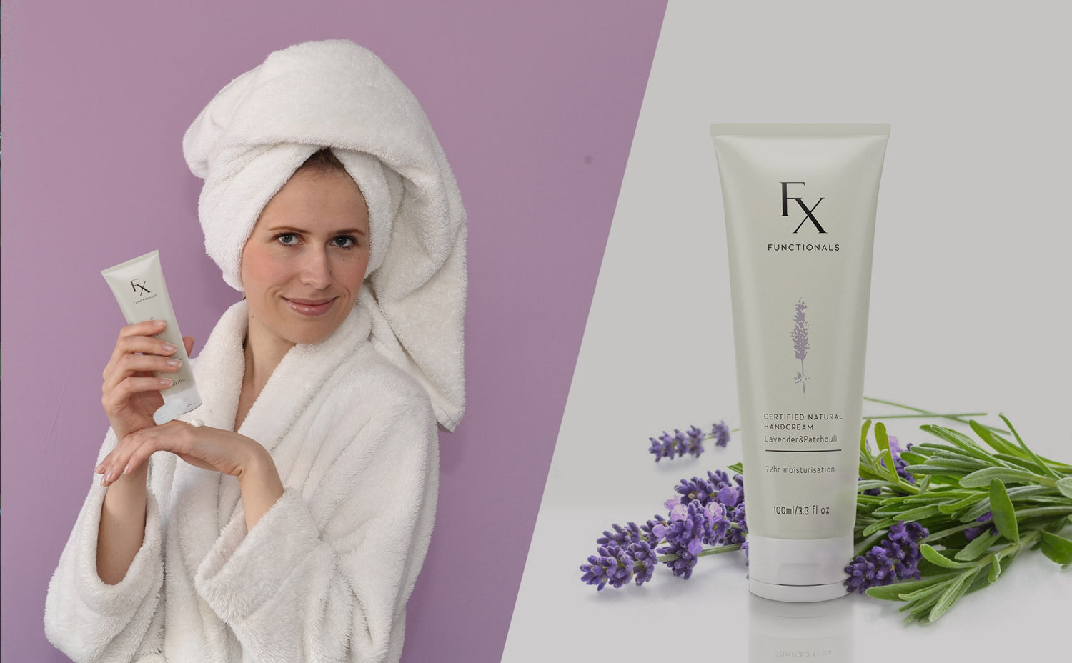 Functionals Handcream bottle with lavender sprigs next to woman holding and using handcream