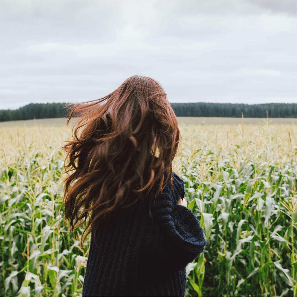 Woman with long brown hair standing back to camera in a field of grain on an overcast day