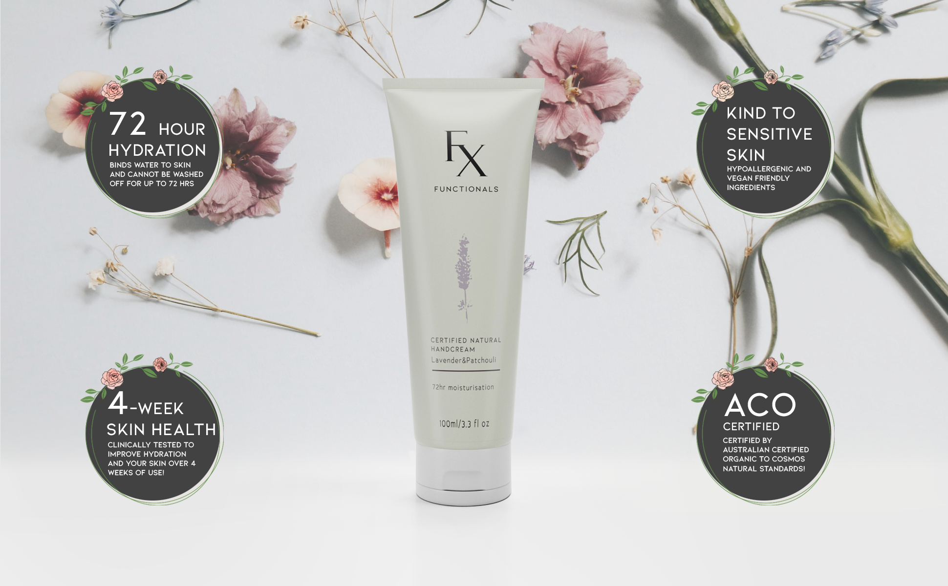 Handcream bottle on background with flowers showing four benefits: Certified by Australian Certified Organic, gentle on sensitive skin and 72 hour deep hydration