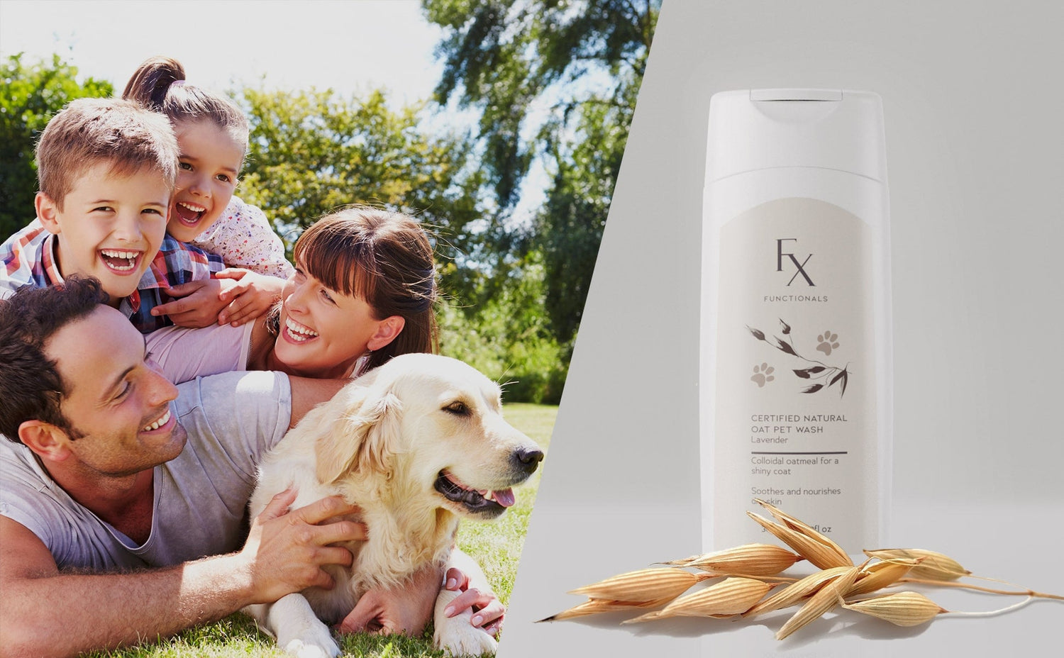 Family with dog on grass outside next to functionals oat petwash bottle with oats in front of it