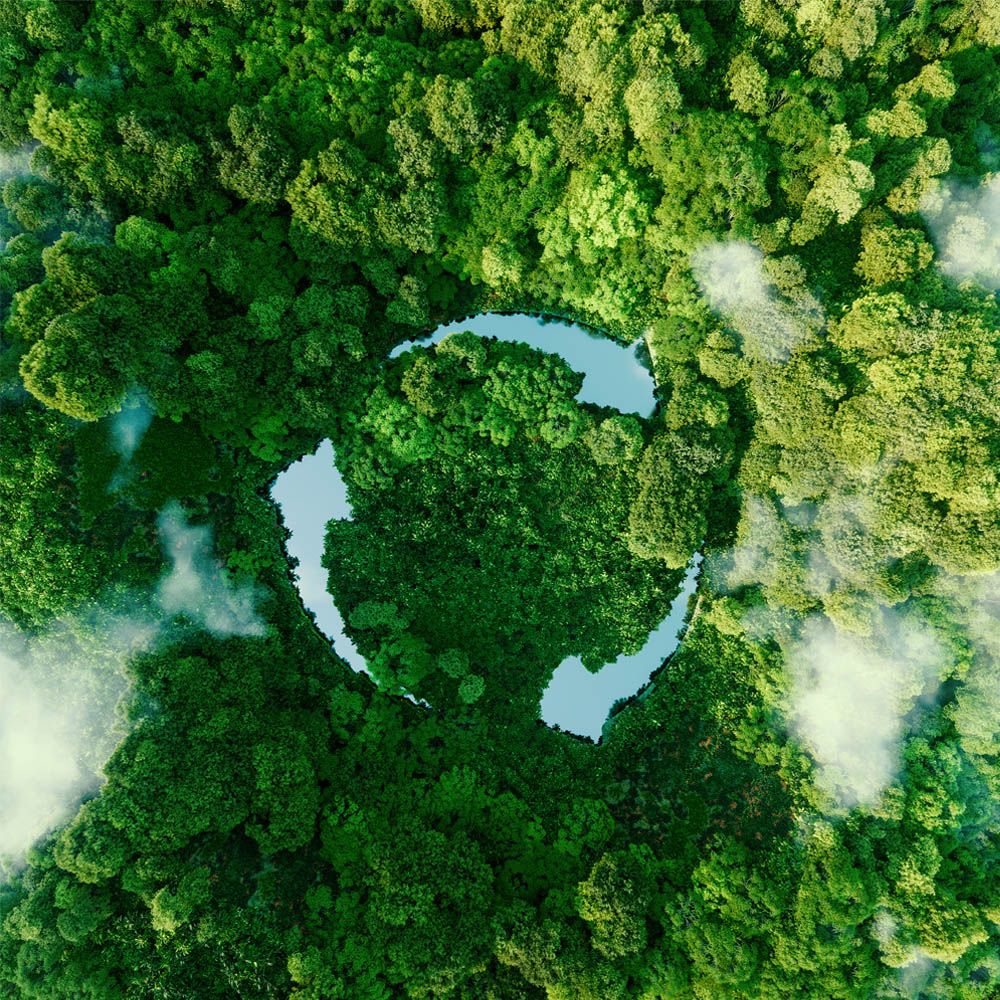 Recycling symbol graphic cut out from a forest seen from a birds eye view