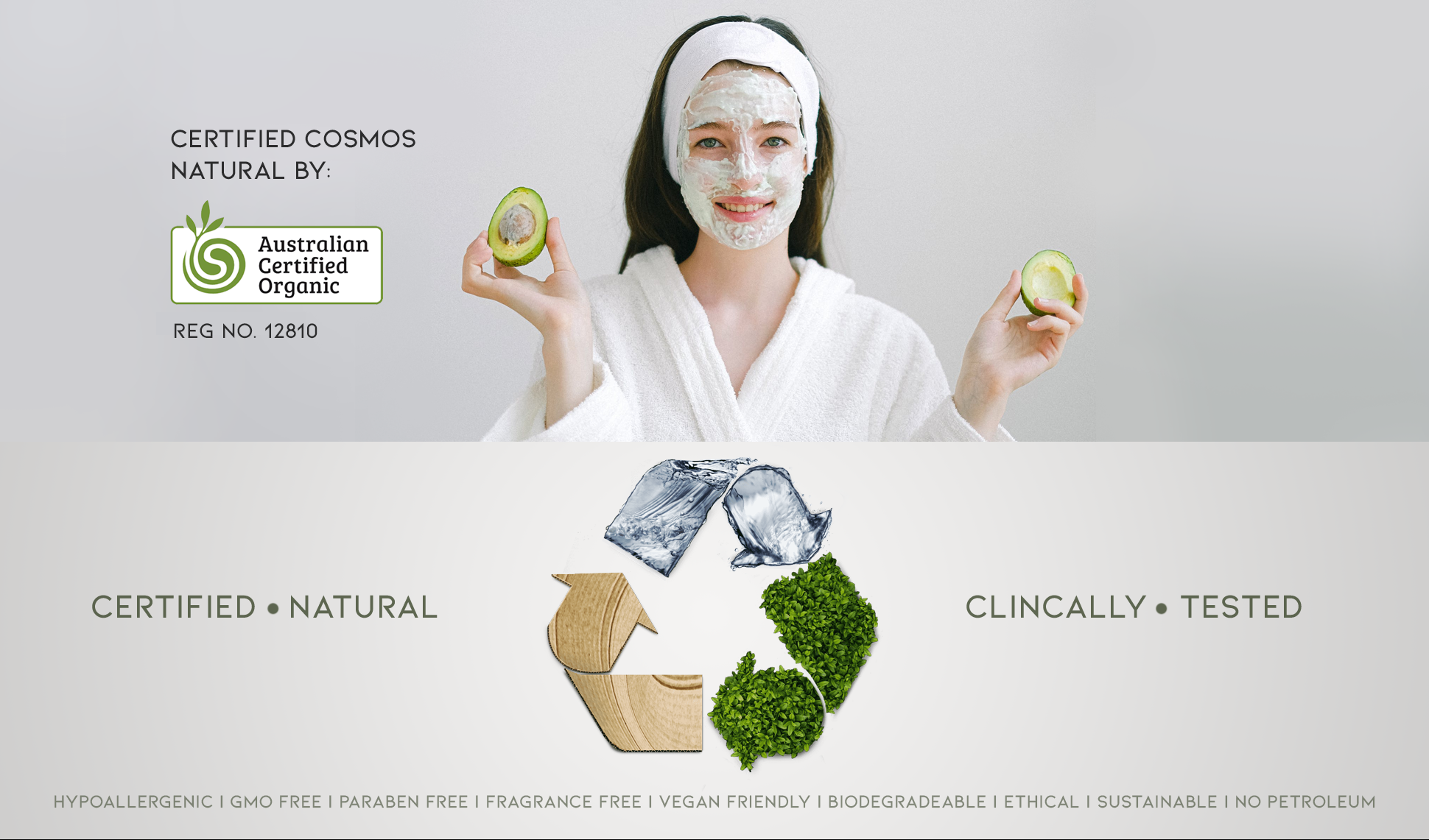 Woman holding two halves of avocadoes with australian certified organic certification number and recycling symbol made of water, leaves and cardboard