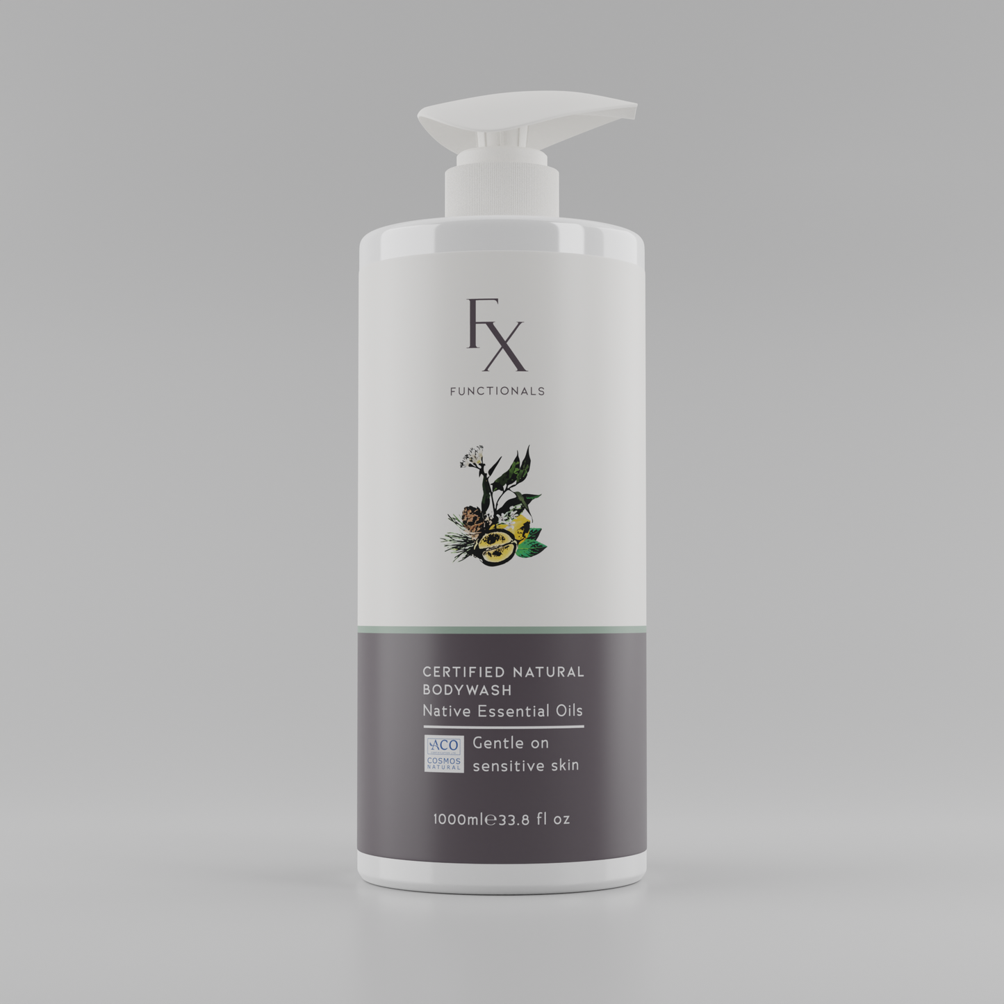 Certified Natural Bodywash with Australian native essential oils on grey background