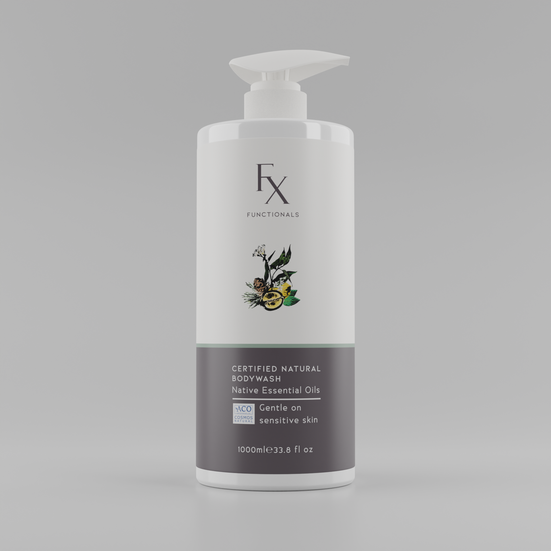 Certified Natural Bodywash with Australian native essential oils on grey background