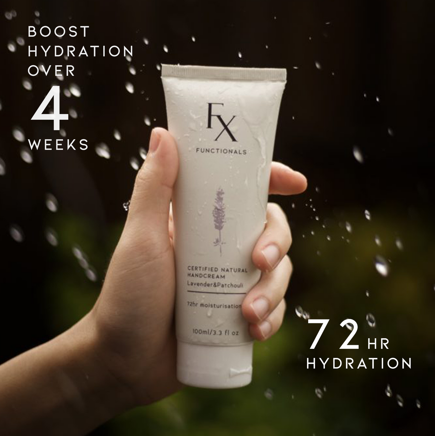 Functionals Certified Natural Handcream bottle in hand with water droplets in background
