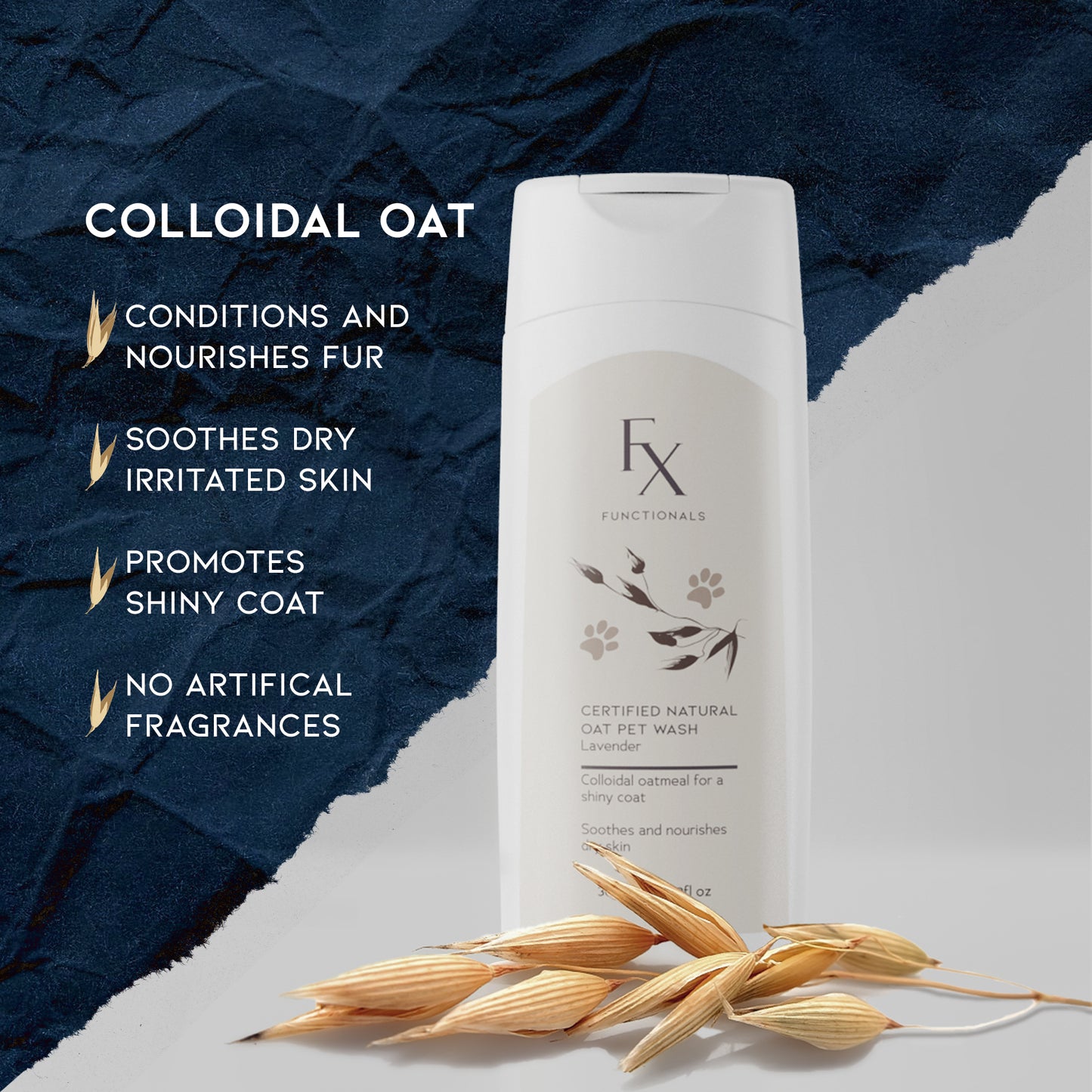 Functionals Natural Oat Petwash bottle with oats, contains colloidal oat to nourish, soothe fur and promote a shiny coat. No artificial fragrances.